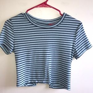 Blue Striped Short Sleeve Open Back Crop Top